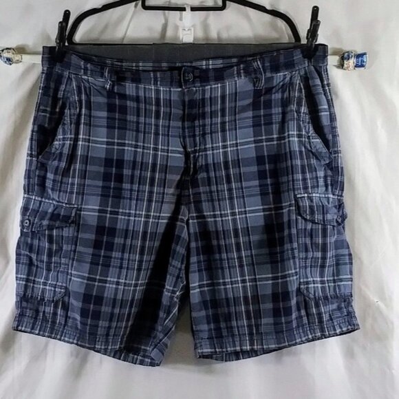 Basic Editions Men's Blue Tartan Cargo 100% COTTON Plaid Summer Shorts Size L - Picture 1 of 9